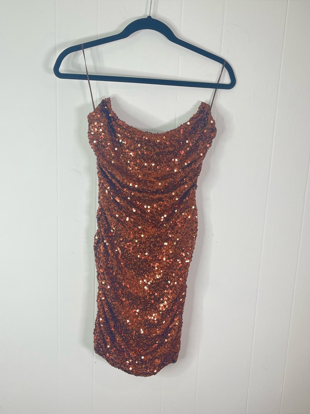 AKIRA Bronze Copper Sequin Cowl Neck Bodycon Mini Dress Size M US 6-8